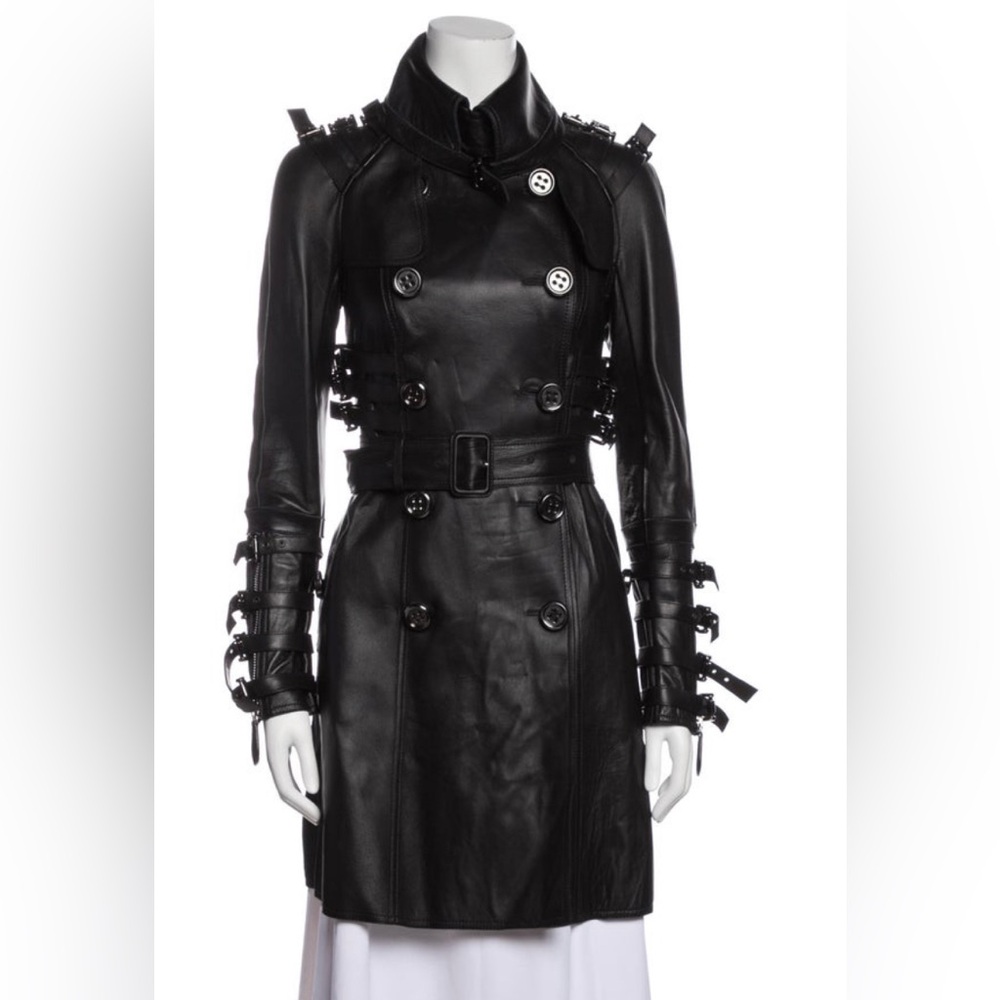 Burberry soft black leather motorcycle trench coat with strap buckles size small - Picture 4 of 6